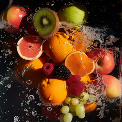 Overhead Shot with visible Water Drops. Close up of assorted fruit.