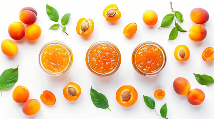 Set of sweet apricot jam and fruit on white background