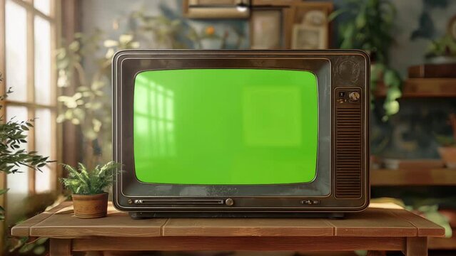 Vintage Old Television with Noise and Static and blank green screen in blurry background. Animated video style background
