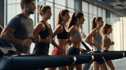 Group of Six Athletic People Running on Treadmills