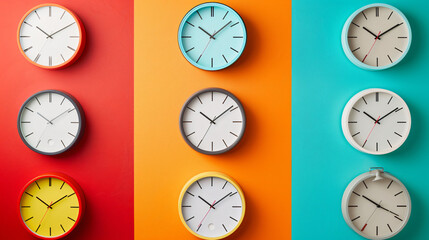 Set of wall clocks on colorful background