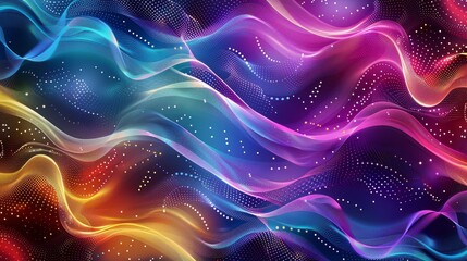 Fototapeta premium A background in the style of 3D render, wavy and rippled dotted surface in shiny glowing material with different colors