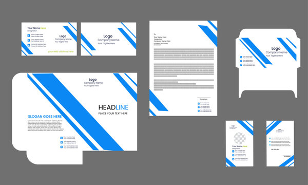 Business branding identity with office stationery items and objects Mockup set.  Modern Stationery mockup black and gold color. Business style stationery and documentation.