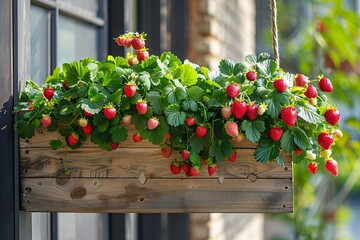 Obraz premium Cultivated strawberries in a container. Blooming berry plant in potted planter suspended on patio.