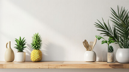 Shelf unit with pineapple and plant near white wall  - Powered by Adobe