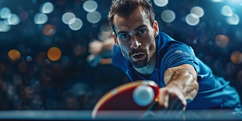 High-quality close-up photo of a skilled table tennis athlete for use in packaging design of tennis equipment.