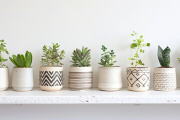 A series of minimalist ceramic plant pots with geometric patterns, arranged in a row on a white shelf, showcasing their modern aesthetic. 