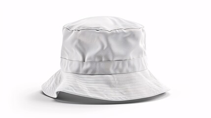 A blank white bucket hat on a white background.