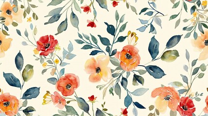 A vintage rustic style floral print with abstract flowers, leaves, and plants on an ivory background.