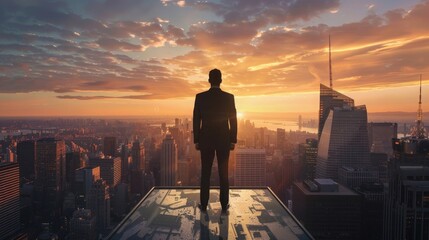 Fototapeta na wymiar Businessman in suit looking at city during sunset over city skyline