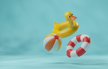 Colorful Rubber Ring and Inflatable Beach Ball. 3D Render