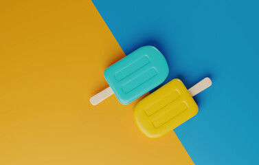 Summer Sweets, Vibrant of Popsicle Ice Cream Pop blue and yellow background. 3D Render