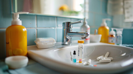 Fototapeta na wymiar Sink with pregnancy test and pill bottles in bathroom