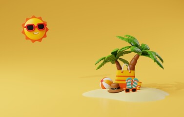 Tropical Getaway Beach Bag, Sunscreen, and Flip Flops for Summer Vibes. 3D Render