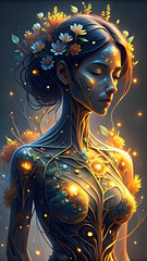 A masterpiece of a transparent glass body sculpture of a beautiful girl, unforgettable and unseen beauty, vine and plants grown in it, vivid colors