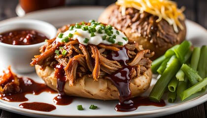 Baked potato with pulled pork and barbecue sauce
