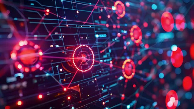 A computer screen showing a simulated network with different nodes and connections being targeted by red attackers. .