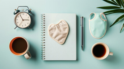 Sleep mask notebook cup of coffee and alarm clock 