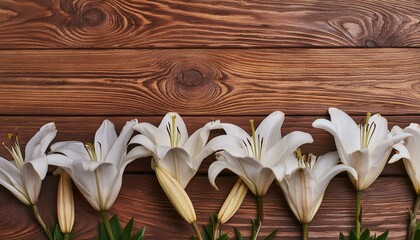 Woodland Beauty: White Lily Flowers on Wooden Background - Wide Shot