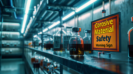 Fototapeta premium A high-tech chemical laboratory with prominent safety signs warning about corrosive materials.