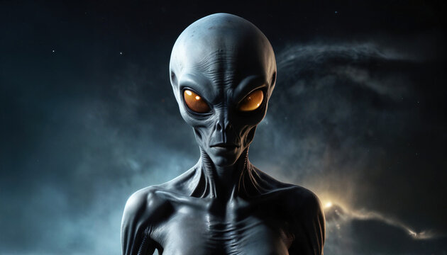 An alien with glowing eyes on a dark background. Copy space. A creepy alien makes first contact, kidnaps you and experiments on you