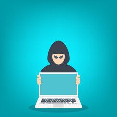 Hacker with laptop computer stealing confidential data