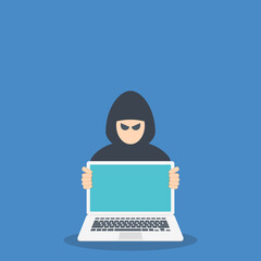 Hacker with laptop computer stealing confidential data