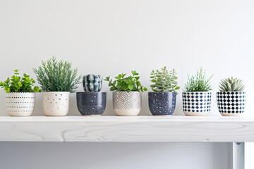 A series of minimalist ceramic plant pots with geometric patterns, arranged in a row on a white shelf, showcasing their modern aesthetic. 