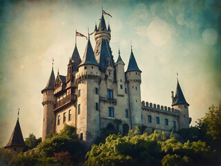 artwork portraying the enchantment of a fairytale castle, with turrets reaching towards the sky and ivy-covered walls steeped in history, rendered in a vintage style.
