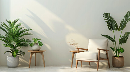 Soft armchair and wooden tables with houseplants near