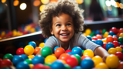 Cute smiling kid in sponge ball pool looking at camera