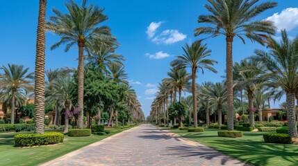 Fototapeta premium Idyllic Palm Tree-Lined Boulevard under Blue Sky in Luxurious Tropical Resort