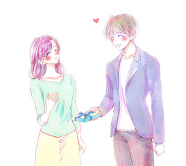 プレゼントをする男性と受け取る女性　年上　年下