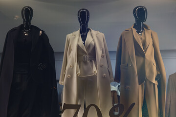 Female mannequins in elegant coats in a store window