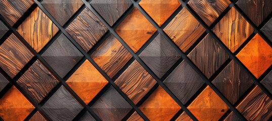 wooden wall background with brown and orange geometric pattern . Wall panel in diamond shape, made...