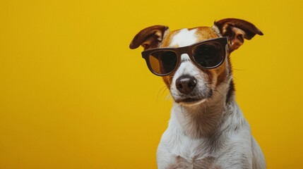 Stylish Jack Russell Terrier Dog Wearing Sunglasses Against Yellow Background. Horizontal banner with copy space