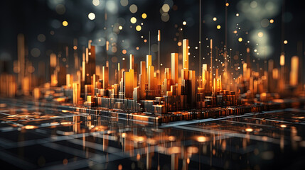 In The Style of Dark Gold and Orange Cityscape Miniature Abstraction on Defocused Background