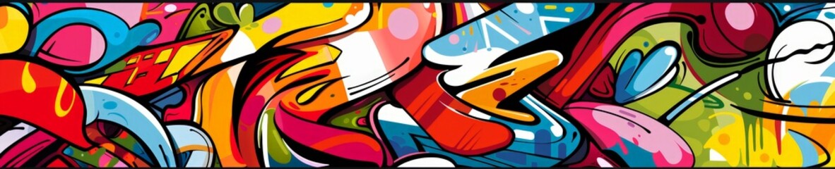 Naklejka premium Vibrant Graffiti Artwork with Abstract Shapes and Bold Colors on Urban Wall. Horizontal banner
