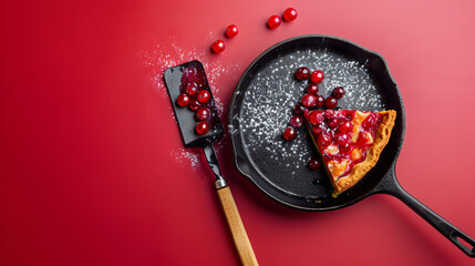 Spatula with piece of tasty homemade lingonberry pie 