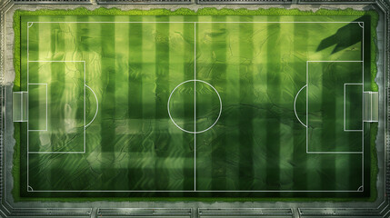 A top view of the lush green grass on an outdoor soccer field, highlighting the vibrant green color with white lines marking patterns and spaces. The neatly manicured field features crisp