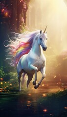 Illustrate a majestic unicorn galloping through a mystical forest, its rainbow mane flowing in the wind as it journeys towards an enchanted castle