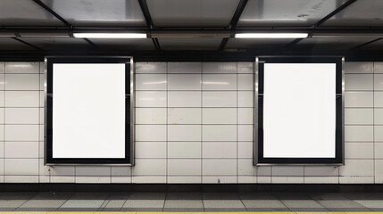 2 empty advertising banners mockup in underground tunnel outdoor media display space lightbox