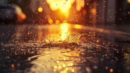 Splashing Water on City Street at Sunset