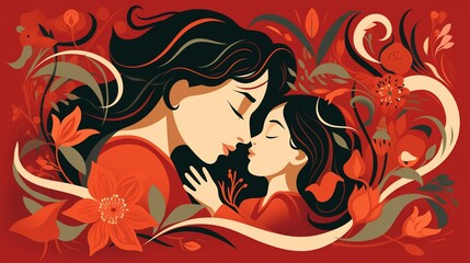 Beautifully crafted Mother's Day design with a hand-drawn illustration of a mother and child sharing a tender moment, expressing heartfelt love and appreciation.