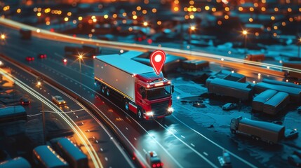 Distribution and delivery concept. GPS tracking from top view moving truck with container on a map. Business background.