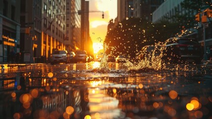 Splashing Water on City Street at Sunset - Powered by Adobe