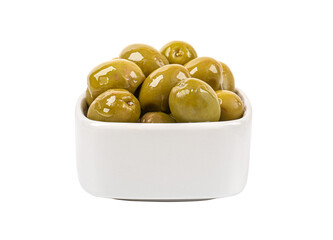 Green olives, in a white bowl