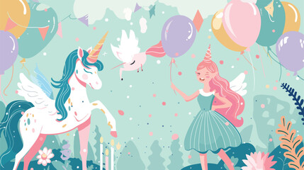 Invited birthday party card with unicorn and fairy Vector