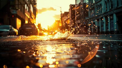 Splashing Water on City Street at Sunset