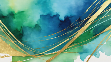 Watercolor abstract background drawn by brush. Green, blue, purple, Golden shiny veins and Liquid...